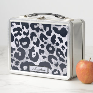 Cute Girly Black & Silver Leopard Print Custom Metal Lunch Box