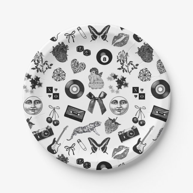Cute Girly Black White Aesthetic Pattern Paper Plate (Front)