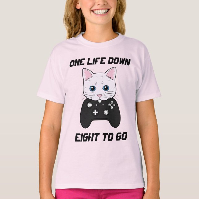 Cute Girly Black White Cartoon Cat Gamer T-Shirt (Front)