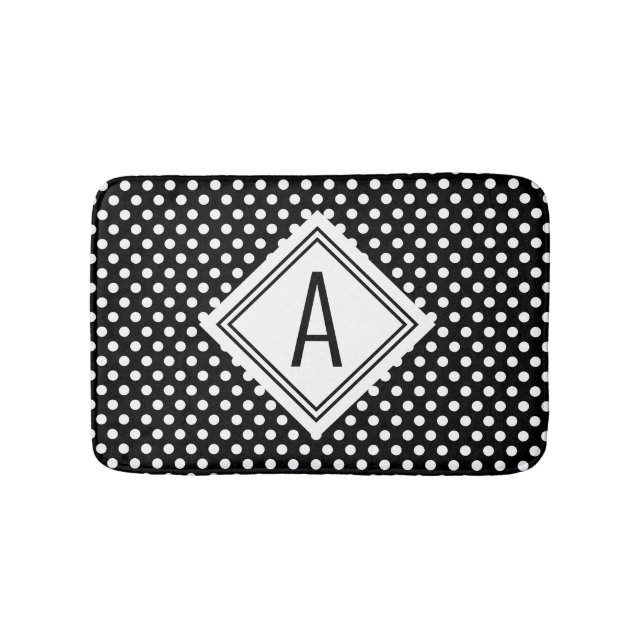 Cute Girly Black White Polka Dots Monogram Bath Mat (Front)