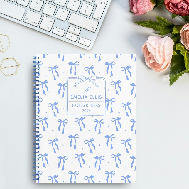 Cute Girly Blue and White Coquette Bows Monogram Notebook (Creator Uploaded)