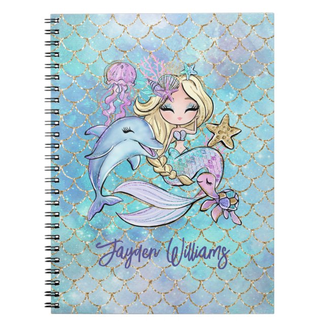Cute Girly Blue Pink Mermaid Back School Girl Name Notebook (Front)