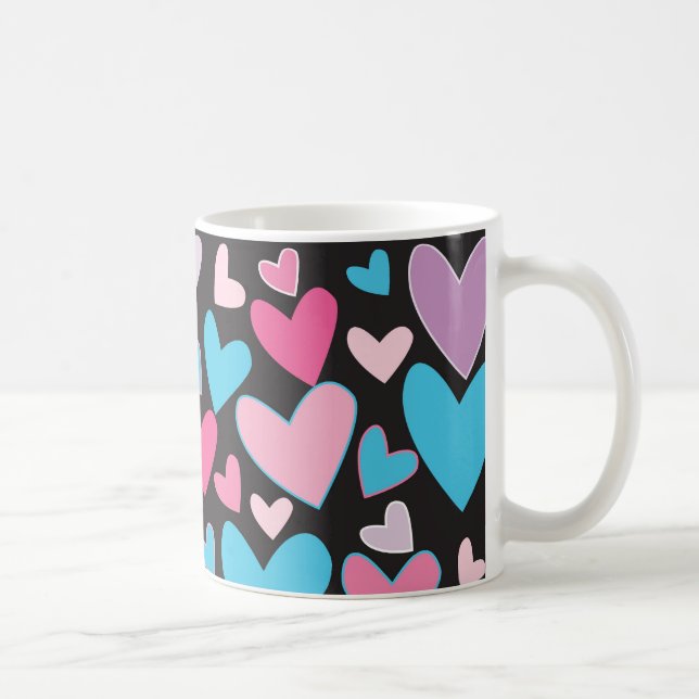 Cute Girly Blue Pink & Purple Hearts Pattern Coffee Mug (Right)