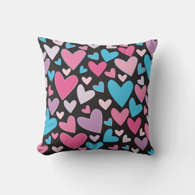Cute Girly Blue Pink & Purple Hearts Throw Pillow (Front)