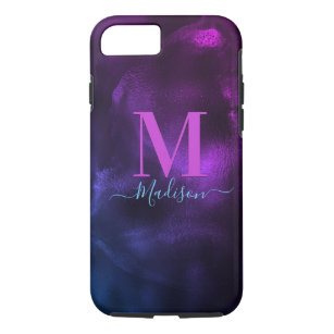 Cute girly blue purple marble art monogram  Case-Mate iPhone case