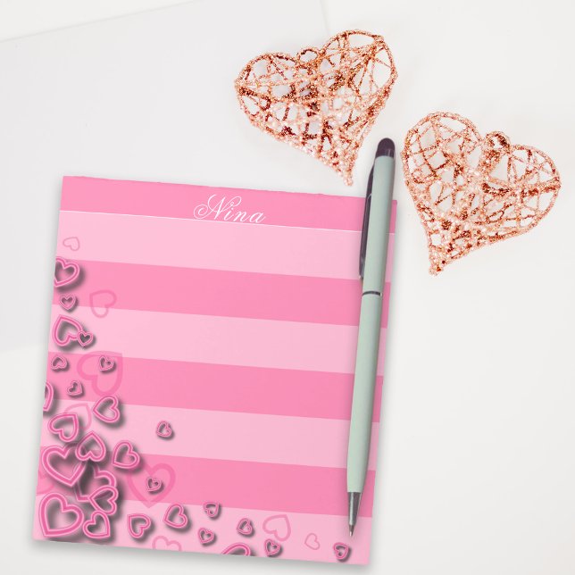 Cute Girly Blush Pink Hearts on Horizontal Stripes Notepad (Creator Uploaded)