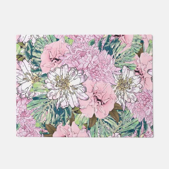 Cute Girly Blush Pink & White Floral Illustration Doormat (Front)