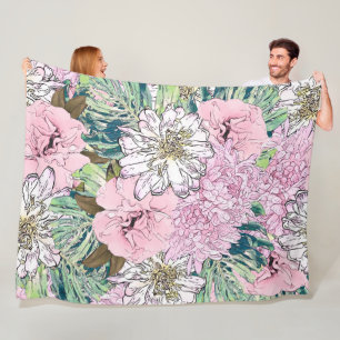 Cute Girly Blush Pink & White Floral Illustration Fleece Blanket