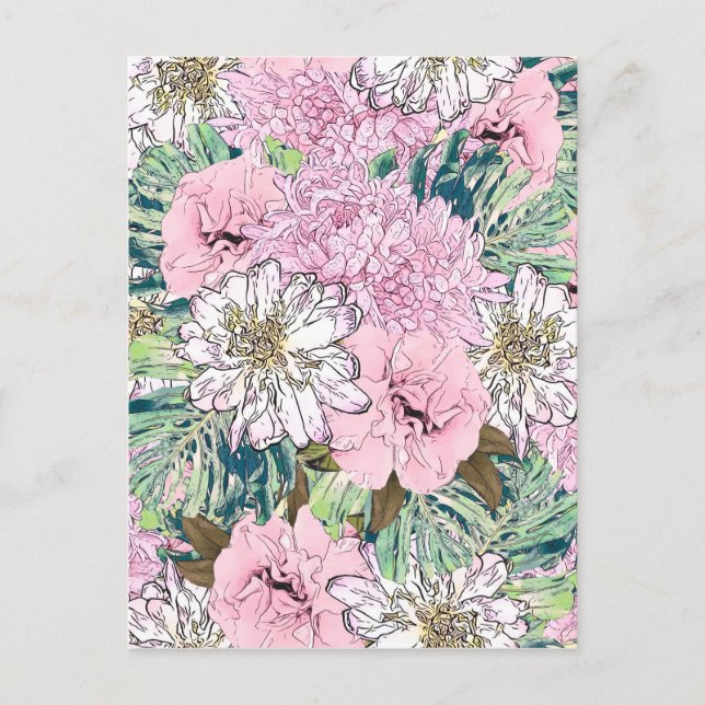 Cute Girly Blush Pink & White Floral Illustration Holiday Postcard (Front)