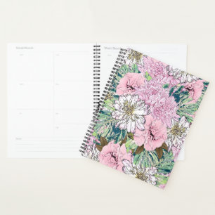 Cute Girly Blush Pink & White Floral Illustration Planner