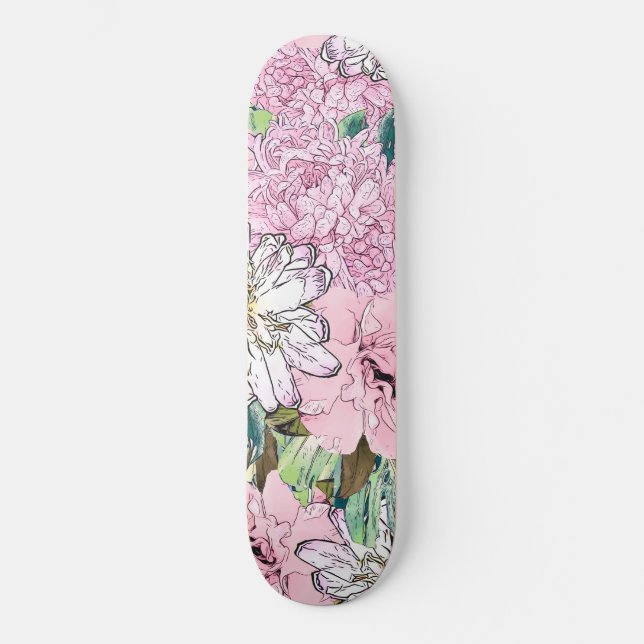 Cute Girly Blush Pink & White Floral Illustration Skateboard (Front)