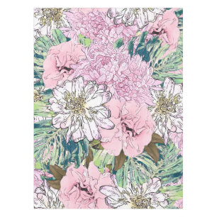 Cute Girly Blush Pink & White Floral Illustration Tablecloth