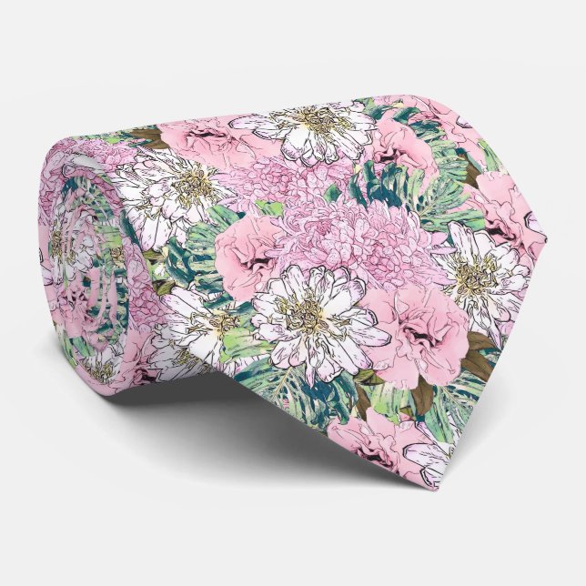 Cute Girly Blush Pink & White Floral Illustration Tie (Rolled)