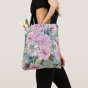 Cute Girly Blush Pink & White Floral Illustration Tote Bag