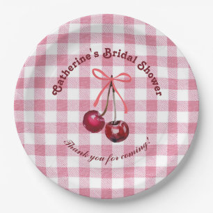 Cute Girly Bow Cherry Pink Gingham Plaid Name Paper Plate
