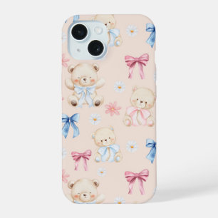 Cute Girly Bow Teddy Bears Seamless Pattern iPhone 15 Case