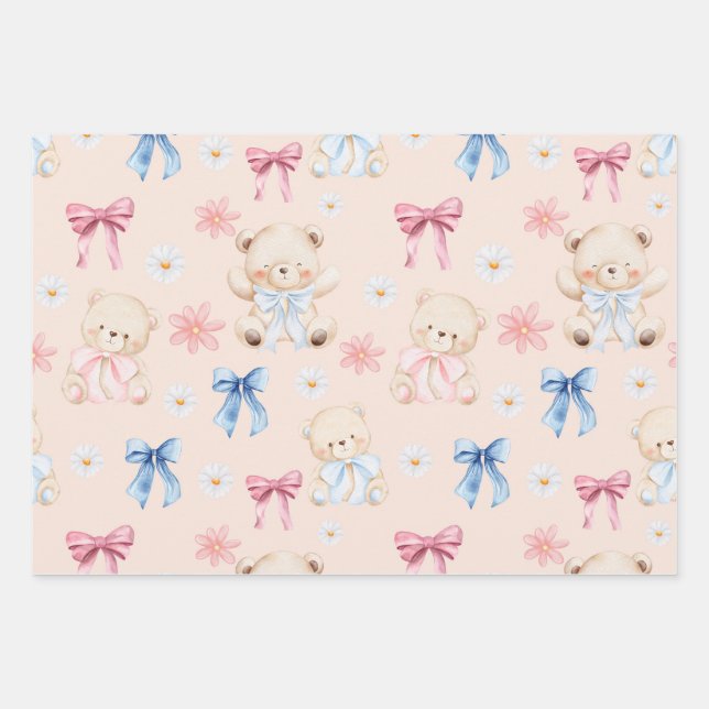 Cute Girly Bow Teddy Bears Seamless Pattern Wrapping Paper Sheet (Front)