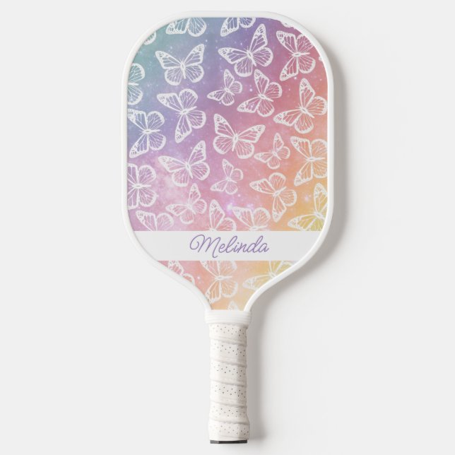  Cute Girly Butterfly Pastel Rainbow Add Your Name Pickleball Paddle (Front)