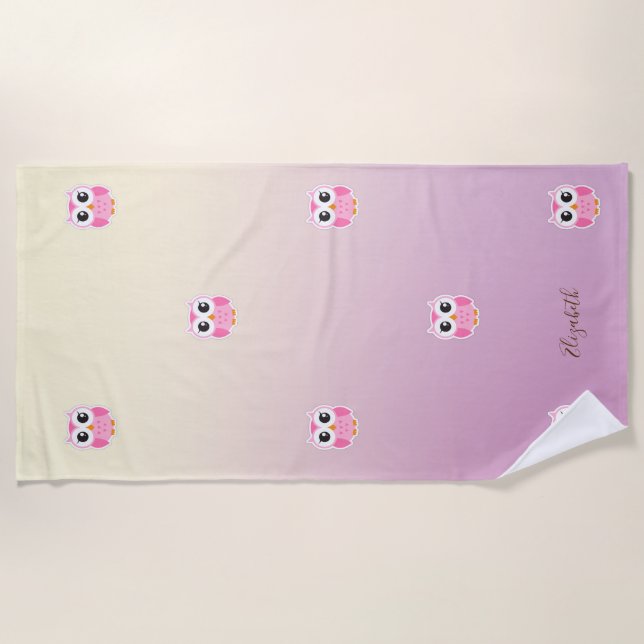 Cute Girly  Cartoon Owl  ,Ombre  -Personalised Beach Towel (Front)
