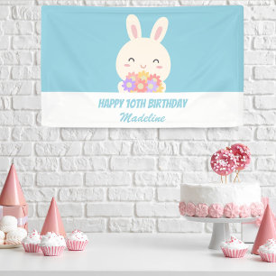 Cute Girly Cartoon Rabbit & Flowers Kids Birthday Banner