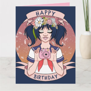 Cute Girly Cartoon Selfie Girl Camera Birthday Card
