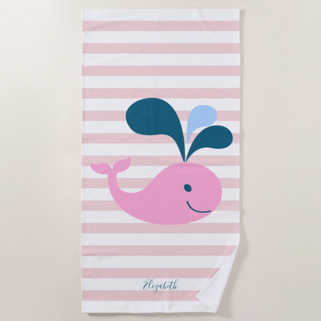Cute Girly  Cartoon Whale, Stripes  -Personalised Beach Towel (Front)