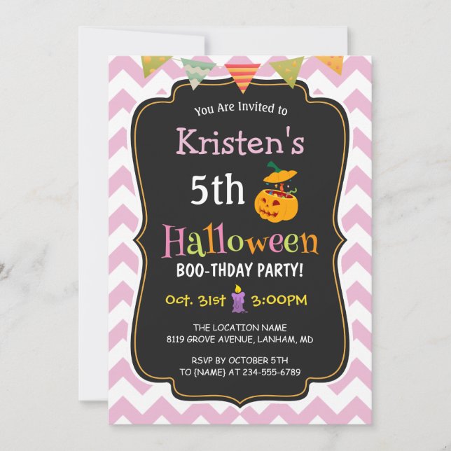 Cute Girly Chevron Kid's Halloween Birthday Party Invitation (Front)