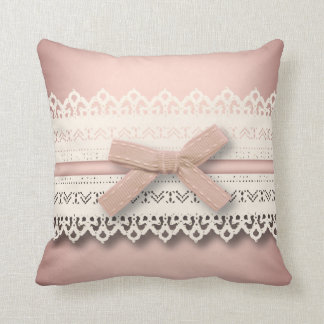cute girly chic white lace dusty rose pink bow cushion