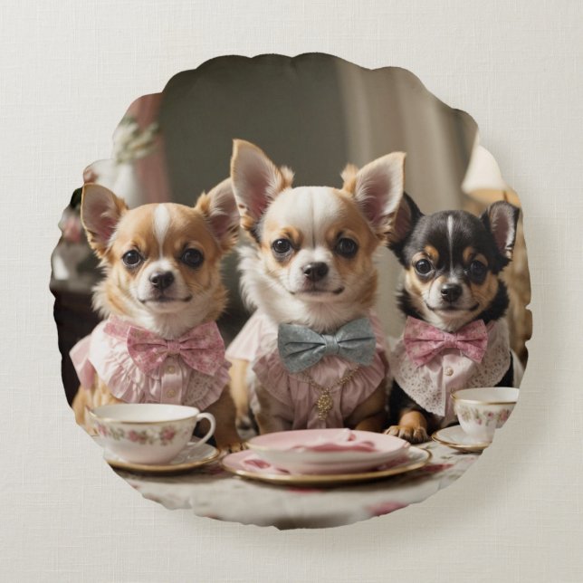 Cute Girly Chihuahua Tea Party  Round Cushion (Front)
