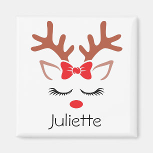 Cute girly Christmas Reindeer red bow nose lashes Magnet
