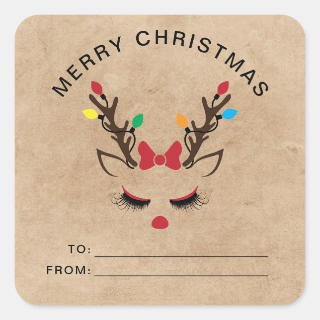 Cute Girly Christmas Reindeer Red Nose Face Classi Square Sticker (Front)