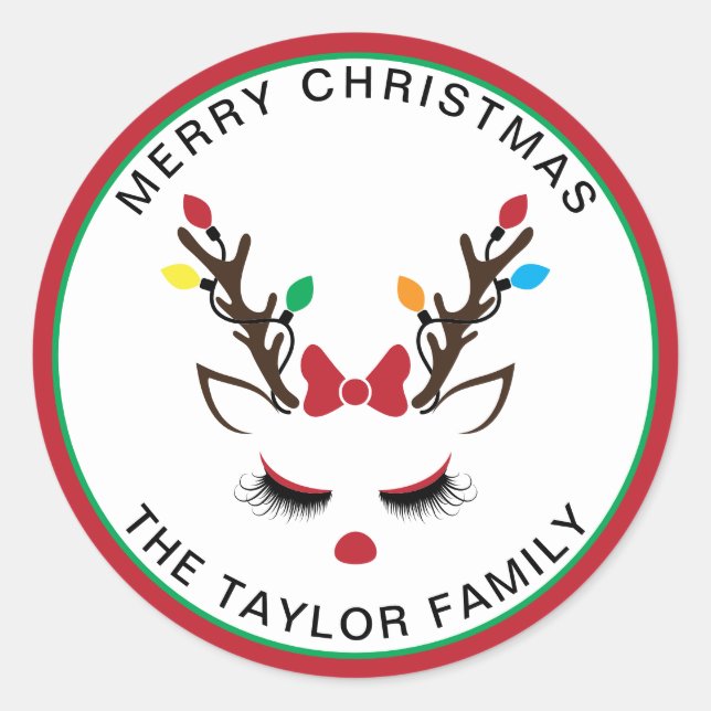 Cute Girly Christmas Reindeer Red Nose Face Classic Round Sticker (Front)