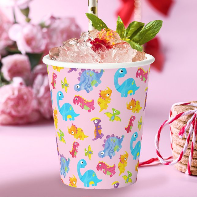 Cute Girly Colourful Pink Dinosaur Theme Birthday Paper Cups (Creator Uploaded)