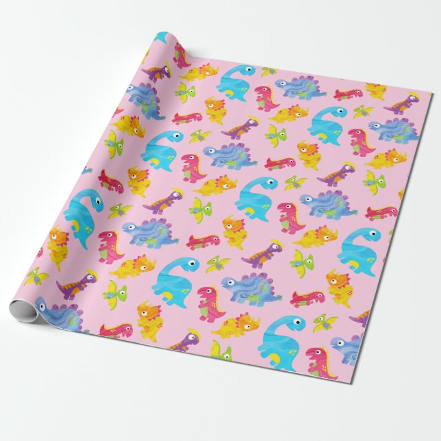 Cute Girly Colourful Pink Dinosaur Theme Birthday Wrapping Paper (Unrolled)