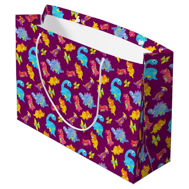 Cute Girly Colourful Purple Dinosaur Theme Birthda Large Gift Bag (Back Angled)