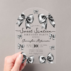Cute Girly Coquette Bow Sweet 16 Birthday Black  Acrylic Invitations