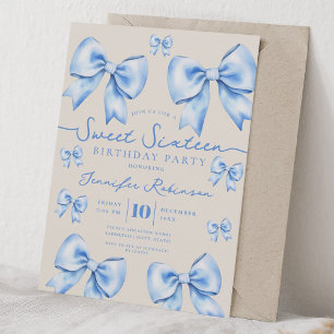 Cute Girly Coquette Bow Sweet 16 Birthday Blue Invitation