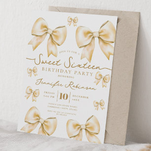Cute Girly Coquette Bow Sweet 16 Birthday Gold Invitation
