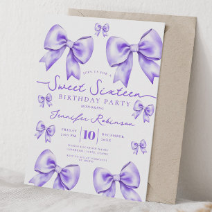 Cute Girly Coquette Bow Sweet 16 Birthday Purple Invitation