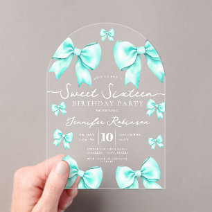 Cute Girly Coquette Bow Sweet 16 Birthday Teal  Acrylic Invitations
