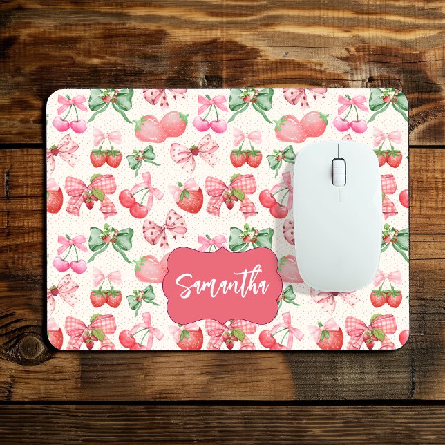 Cute Girly Coquette Strawberry Pattern Mouse Pad (Creator Uploaded)