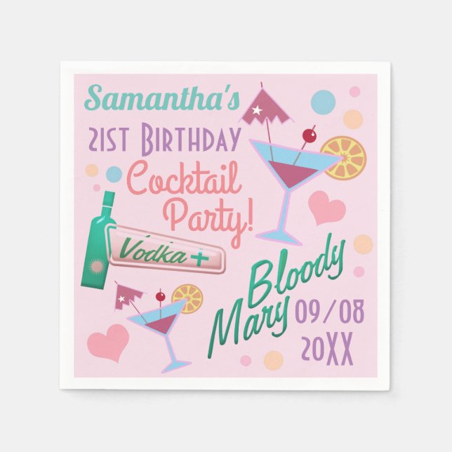 Cute Girly Custom 21st Birthday Cocktails Napkin (Front)