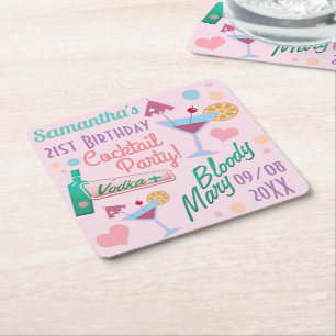 Cute Girly Custom 21st Birthday Cocktails Square Paper Coaster