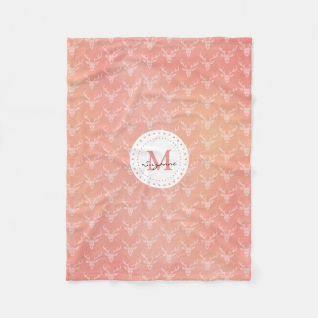 Cute Girly Deer Pattern Monogrammed Fleece Blanket (Front)