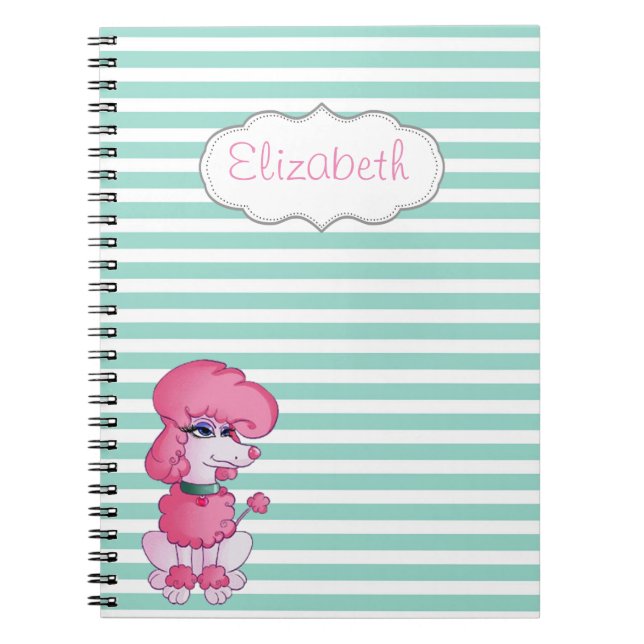 Cute Girly  Dog On Mint White Stripes-Personalised Notebook (Front)