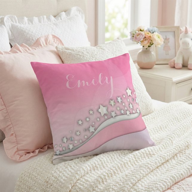Cute Girly Dreamy Silver Stars on Blush Pink Name Cushion (Creator Uploaded)