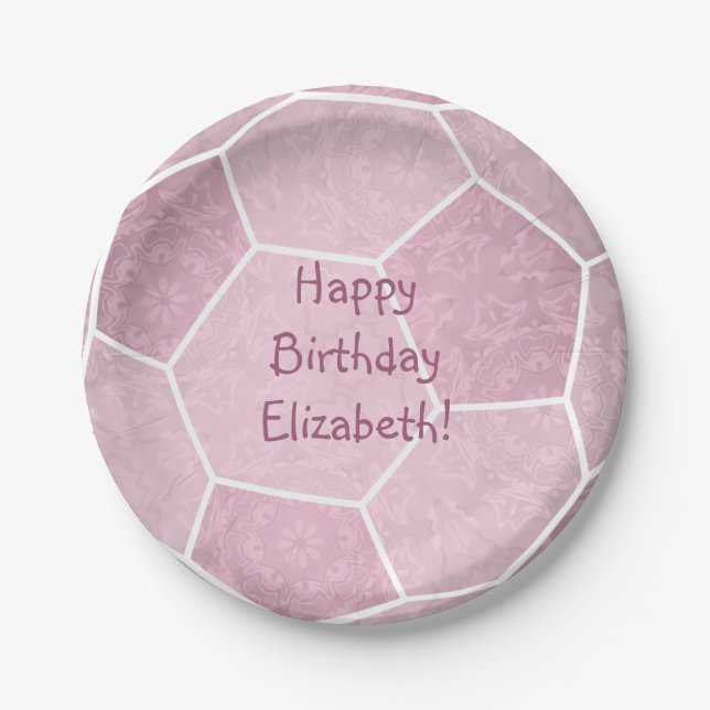 cute girly dusty pink soccer birthday party paper plate (Front)