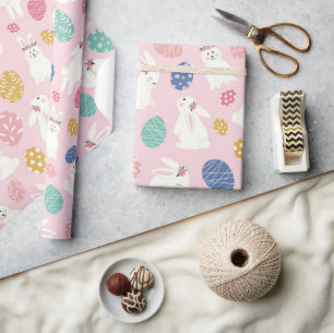 Cute Girly Easter Bunny Modern Pink Floral Eggs Wrapping Paper