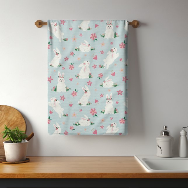 Cute Girly Easter Bunny Modern Pink Floral Tea Towel (Creator Uploaded)