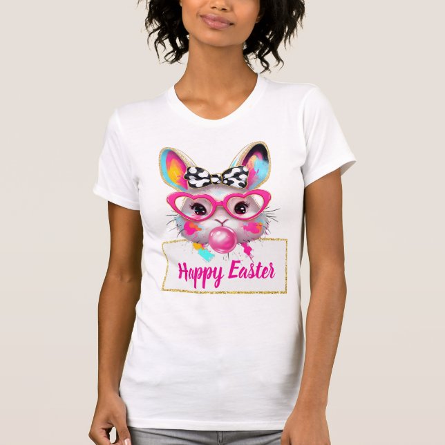 Cute Girly Easter Bunny Pink Heart Glasses Custom  T-Shirt (Front)